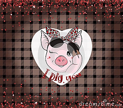 Cute piggy with bow and heart glasses background. I pig you. Cartoon Illustration