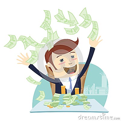 I am rich! Happy young businessman in formalwear throwing money Vector Illustration