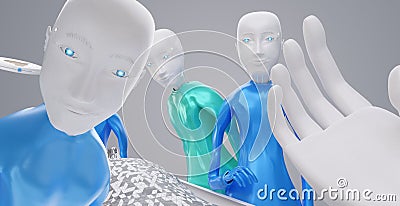 I am a robot point of view. medical care. View from a bed on robots and technological equipment 3d-illustration Cartoon Illustration