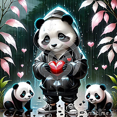 I saw a cute panda wearing a hoodie, wandering around in the rain. It was a strange sight, but somehow endearing. Stock Photo