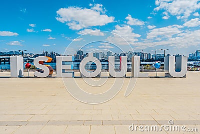 I Seoul U sign on Han riverside Yeouido Hangang park in Seoul South Korea Editorial Stock Photo