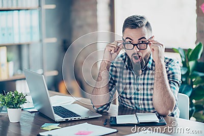 I am shocked! Omg! Portrait of handsome amazed surprised hipster Stock Photo