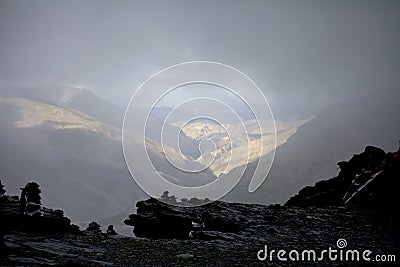 The mani stone pile, an object of tibetan buddhism Stock Photo