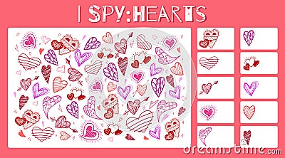 I spy game. Childrens educational fun. Count how many elements. Doodle hearts with hatching, arrows and wings. Valentines Day Vector Illustration