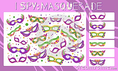 I spy game. Childrens educational fun. Count how many elements. Flat hand drawn cartoon masquerade masks. Mardi Gras holiday. Vector Illustration