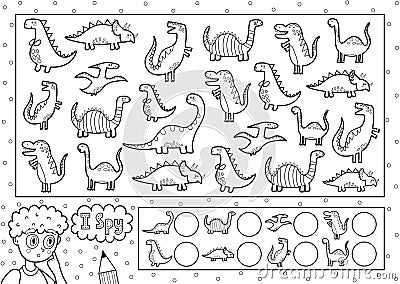 I spy game coloring page for kids. Find and count cute dinosaurs Vector Illustration