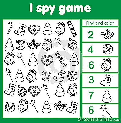 I spy game. Find and count christmas and new year objects. Winter holidays activity for kids, toddlers, children Vector Illustration