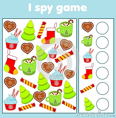 I spy game. Find and count. Christmas and new year holidays theme activity for kids, toddlers, children Vector Illustration