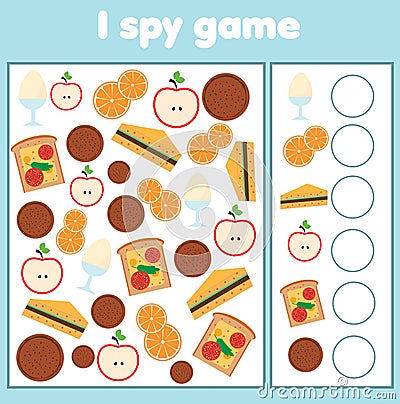 I spy game. Find and count food. Mathematics activity for kids, toddlers, children Vector Illustration