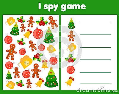 I spy game for toddlers. Find and count objects. Counting educational children activity. Christmas and new year holidays theme Vector Illustration