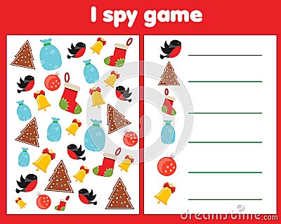 I spy game for toddlers. Find and count objects. Counting educational children activity. Christmas and new year holidays theme Vector Illustration