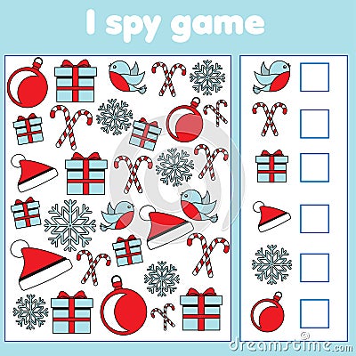 I spy game for toddlers. Find and count objects. Counting educational children activity. Christmas and new year holidays theme Vector Illustration