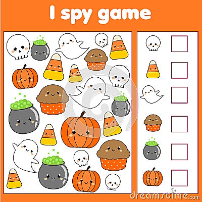 I spy game for toddlers. Find and count objects. Counting educational children activity. Halloween theme Vector Illustration