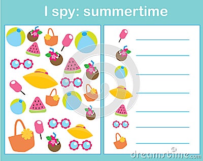 I spy game for toddlers. Find and count objects. Counting educational children activity. Summertime theme Vector Illustration