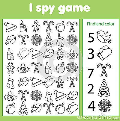 I spy game for toddlers. Find and count objects. Counting educational children activity. Christmas and new year holidays theme Vector Illustration