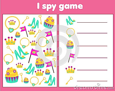 I spy game for toddlers. Find and count objects. Counting educational children activity. Princess and fairy tale theme Vector Illustration