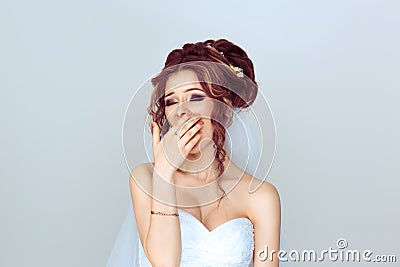 I am too tired of wedding preparations. Closeup portrait sleepy young woman bride with wide open mouth yawning eyes closed bored Stock Photo