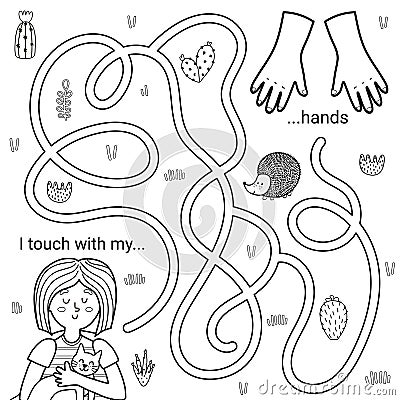 I touch with my hands black and white maze game for kids. Five senses labyrinth Vector Illustration