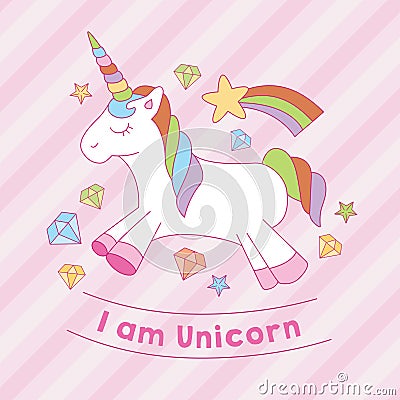 I am unicorn print with diamond star stripe background Vector Illustration