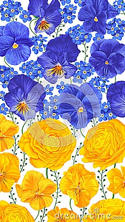 Vertical vector floral background in colors of Ukrainian flag. Realistic botanical illustration Vector Illustration