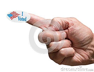 I Voted campaign sticker on finger of senior adult hand isolated against white Stock Photo