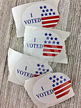 `I voted` stickers on wood surface Stock Photo