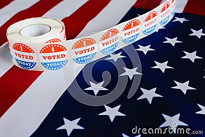 I voted today sticker, typical of US elections on American flag Stock Photo