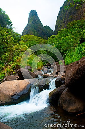 Iao Needle Stream Maui Hawaii Stock Photo