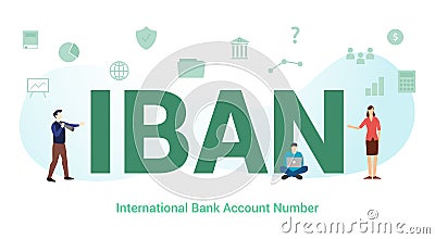 Iban international bank account number concept with big word or text and team people with modern flat style - vector Cartoon Illustration