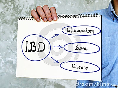 IBD Inflammatory Bowel Disease written text. Young Man Holding a notepad Stock Photo