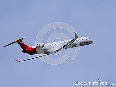 Madrid, EspaÃ±a; March 7, 2020: Iberia airplane taking off from Barajas Editorial Stock Photo