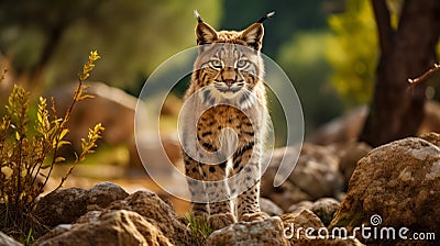 Iberian lynx rare animal. Adult Iberian lynx in nature. Photo Ai generated Stock Photo