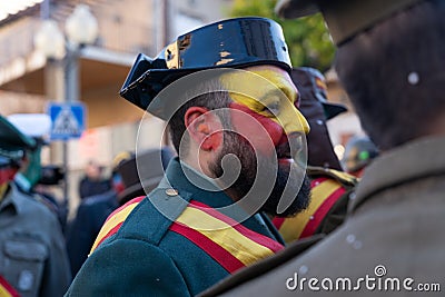 Traditional winter festival and masquerade 'Els Enfarinats'. Ibi, Spain. Portrait of a man dress Editorial Stock Photo