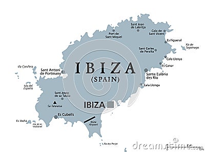 Ibiza, gray political map, part of the Balearic Islands, Spain Vector Illustration
