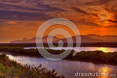 Ibiza ses Salines saltworks at sunset in Sant Josep Stock Photo