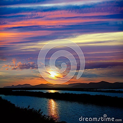 Ibiza ses Salines saltworks at sunset in Sant Josep Stock Photo