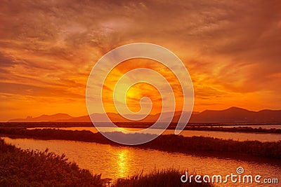 Ibiza ses Salines saltworks at sunset in Sant Josep Stock Photo