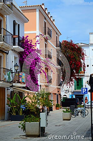 Ibiza Town. Ibiza.Spain - 28 may 2019. Beautiful street and colorful bougainvillea in the old town of Ibiza Town Editorial Stock Photo