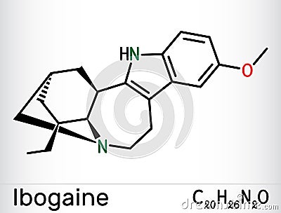 Ibogaine molecule. It is monoterpenoid indole alkaloid, psychoactive substance, hallucinogen, psychedelic. Skeletal chemical Vector Illustration