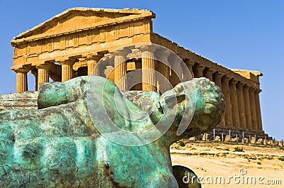 Icarus statue in front of Temple of Concordia at Agrigento Valley of the Temple, Sicily Editorial Stock Photo