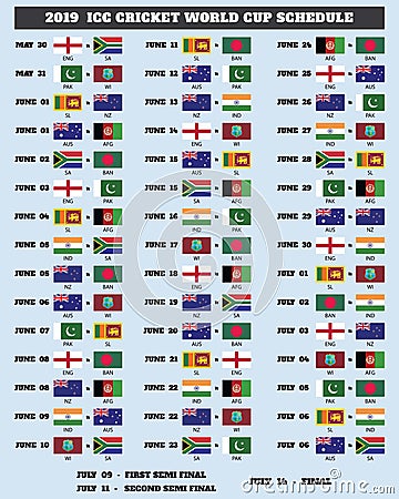 ICC Cricket World Cup 2019 Schedule Cartoon Illustration