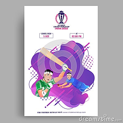 ICC Men's Cricket World Cup India 2023 Flyer or Template Design in Abstract Purple and White Editorial Stock Photo