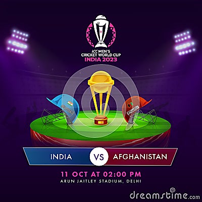 ICC Men's Cricket World Cup India 2023 Match Between India VS Afghanistan with Cricket Attire Helmets, Golden Champions Stock Photo