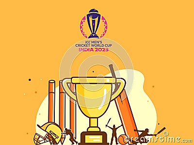 ICC Men's Cricket World Cup India 2023 Poster Design with Champions Trophy Cup and Cricket Tournaments on Chrome Yellow Editorial Stock Photo