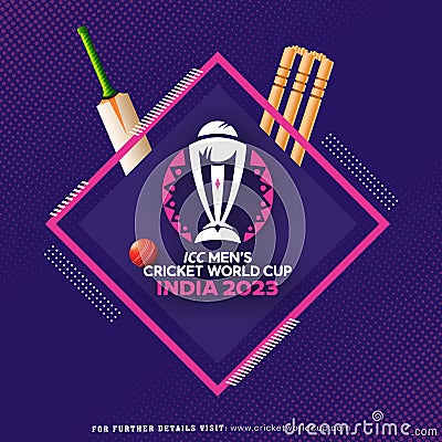 ICC Men's Cricket World Cup India 2023 Poster Design in Purple Color and Realistic Cricket Editorial Stock Photo