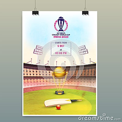 ICC Men's Cricket World Cup India 2023 Template Design in Stadium View with Golden Champions Troph Editorial Stock Photo