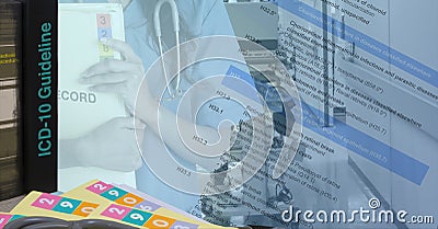 ICD-10 codebook with text of code diseases and female doctor holding medical record floder Stock Photo