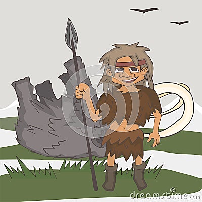 Ice age hunter with killed prey cartoon Vector Illustration