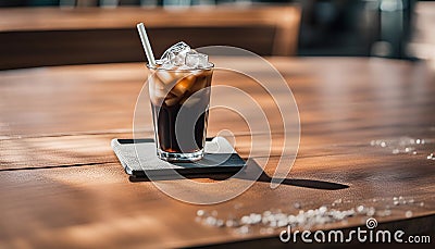 ice americano coffee with black straw on concrete coaster and wooden table Stock Photo