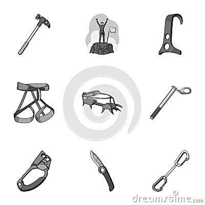 Ice ax, conquered top, mountains in the clouds and other equipment for mountaineering.Mountaineering set collection Vector Illustration